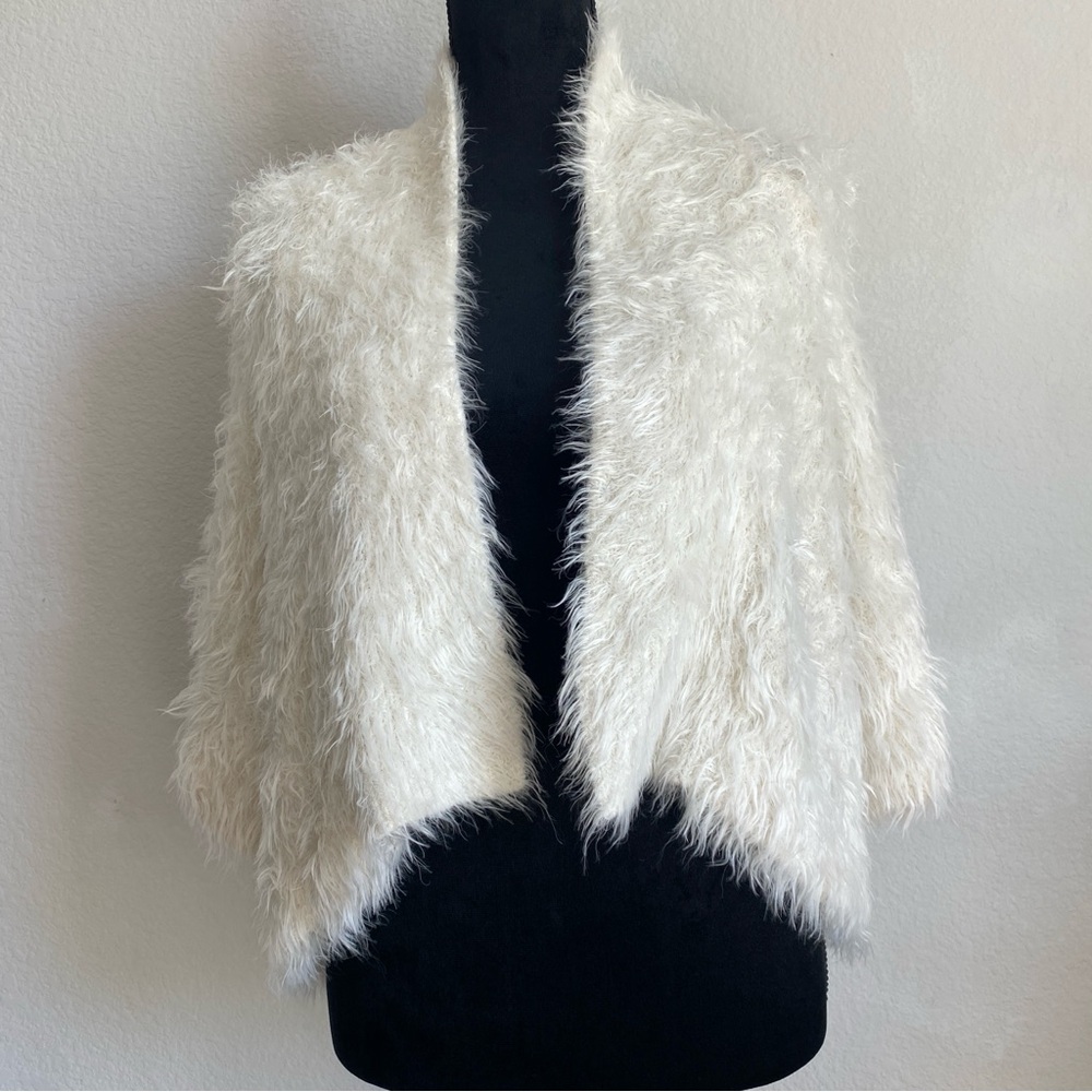 Anthropologie Knitted and Knotted Fluffy White Faux Fur Cardigan, White, SZ M/L